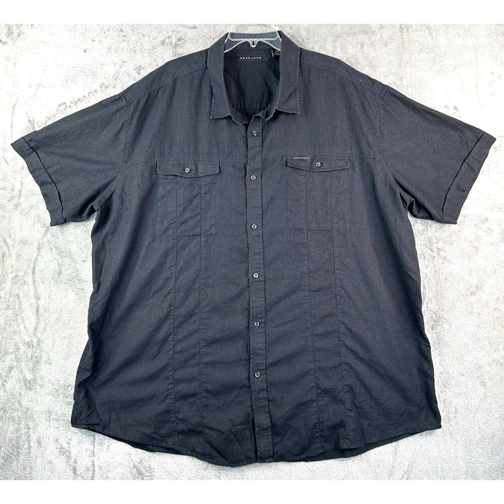 Sean John Shirt Men's 4XB Black Linen Short Sleeve Button Up Pockets